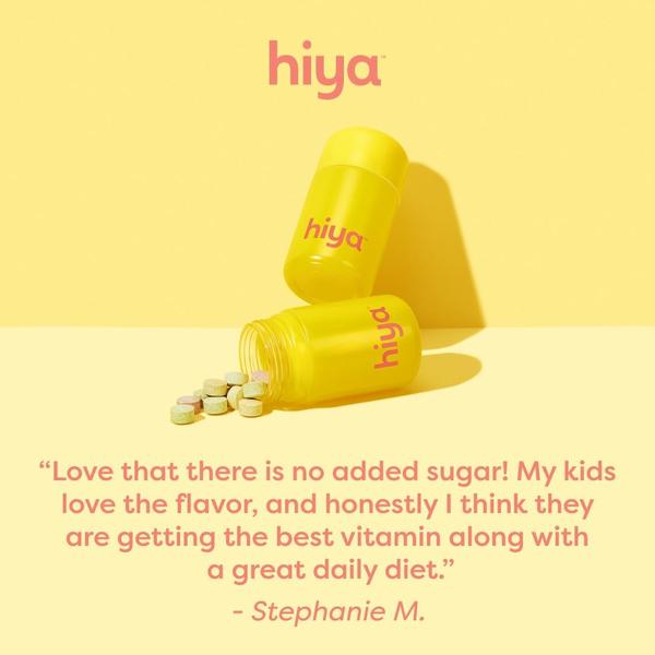 A clean, bright yellow square ad creative featuring two bottles of vitamins and a prominent customer review about sugar-free ingredients.